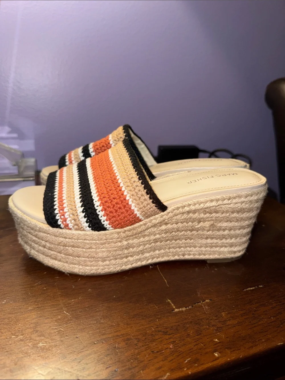 MARC FISHER Meflannia Crochet Espadrille Platform Slide Sandals Size 8.5M